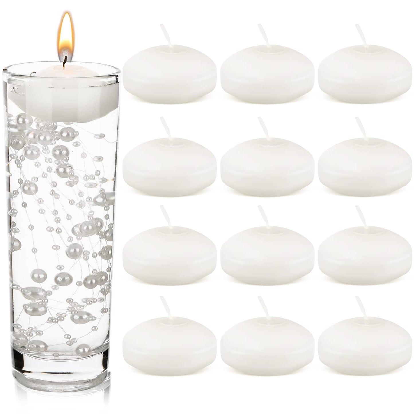 Nuanchu 12 Pieces 1. 65 Inch Floating Candles for Wedding Centerpiece, Small Unscented Floating Round Tealights Metallic Smooth Wax Disc Candles for Graduation Dinner Home Decor(White)
