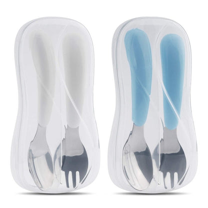 Kirecoo 2 Set Toddler Utensils, Toddler Forks and Spoons, Stainless Steel kids Silverware Set, Designed for Self Feeding Flatware Utensils with Travel Carrying Cases BPA Free (White & Aqua)