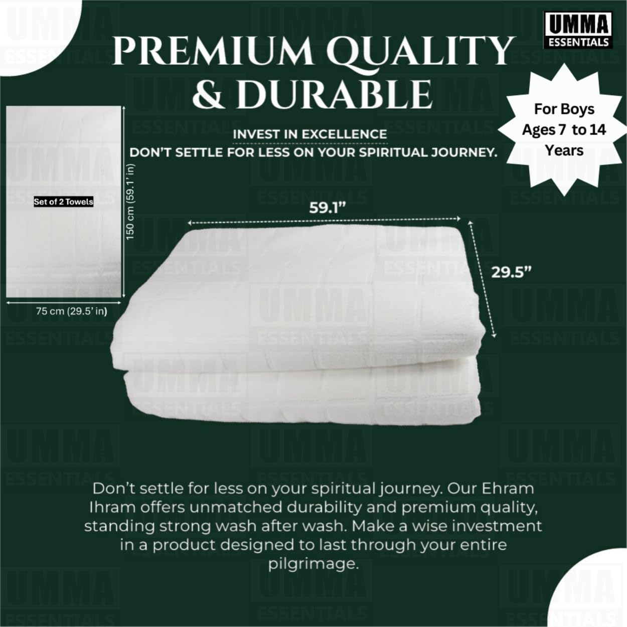 Kids Ihram Towels Set for Children – Includes Belt, 2 White Towels (75x150 cm), Ideal for Hajj and Umrah. A one-Size-fits-All Hajj Kit and Umrah Essentials for Boys’ Ihram, ehram, and ahram
