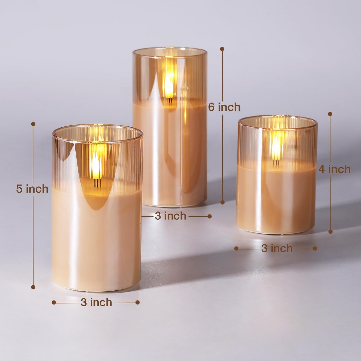 Eywamage Gold Ribbed Glass Flameless Pillar Candles with Remote, Flickering LED Wax Candles Battery Operated Set of 3