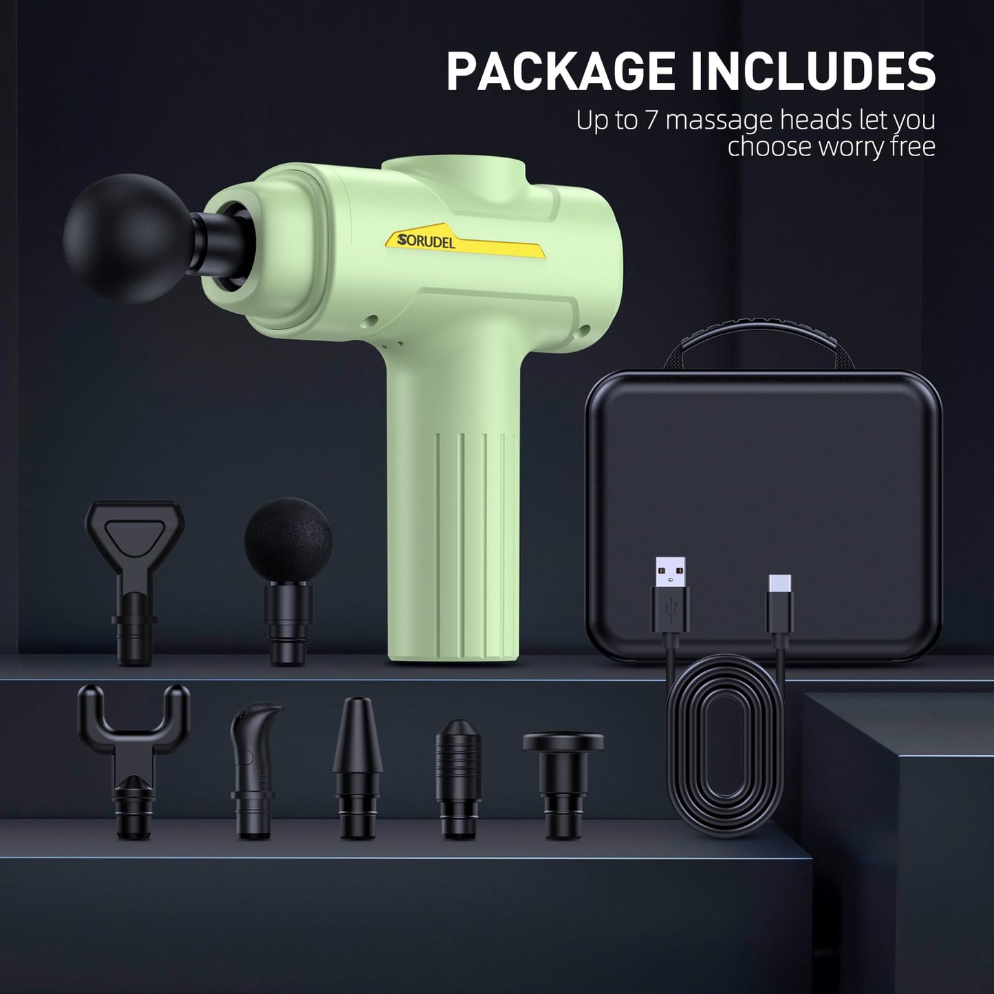 Massage Gun,Massage Gun Deep Tissue for Pain Relief with 7 Massage Heads & 6 Speeds and Carrying Case (Green)