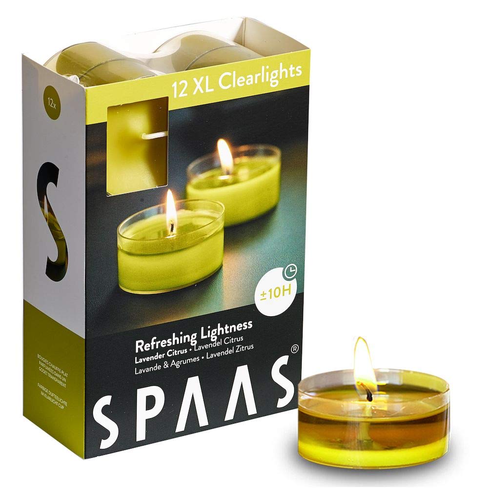Spaas 12 Maxi Scented Tealights in Transparent Clear Cup, ± 10 Hours, Refreshing Lightness