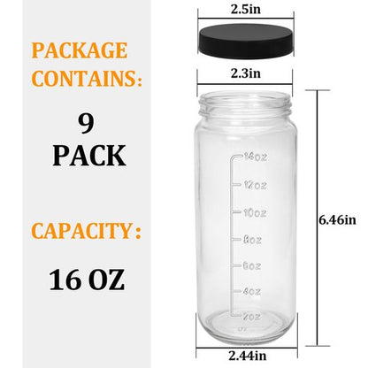Encheng 16 oz Glass Juice Bottles with Lids,9 Pack Reusable Juicing Bottles Drinking Jars with Lids and Straws,Clear Round Smoothies Cup for Juicing,Kombucha,Water,Milk,Travel