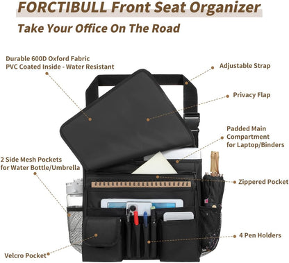 Car Front Seat Organizer for Paperwork File Laptop Mobile Office, Multi Compartment Storage Bag with Cup holder and Adjustable Strap for Car Work Truck Van