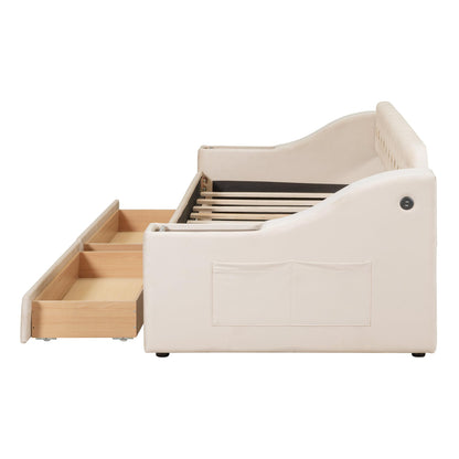 Merax Twin Size Upholstered Daybed with Storage Armrests, Wooden Sofa Bed Frame with 2 Drawers and USB Port, Beige