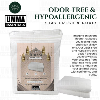 Kids Ihram Towels Set for Children – Includes Belt, 2 White Towels (75x150 cm), Ideal for Hajj and Umrah. A one-Size-fits-All Hajj Kit and Umrah Essentials for Boys’ Ihram, ehram, and ahram