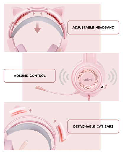 UNIOJO Upgraded Pink Gaming Headset for PS4, PS5, Xbox One, PC, Switch, Laptop, Mobile – Cat Ears, Noise-Canceling Mic, 7.1 Surround Sound, LED Light, Soft Memory Earmuffs for Ultimate Comfort