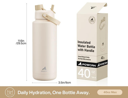 POWCAN 40 oz Insulated Water Bottle with 2-in-1 Straw and Spout Lid, Keep Cold 24H, Leak-Proof, BPA-Free, Double Wall Stainless Steel Water Bottle for Sports, Gym, Travel, and School (Mousse)