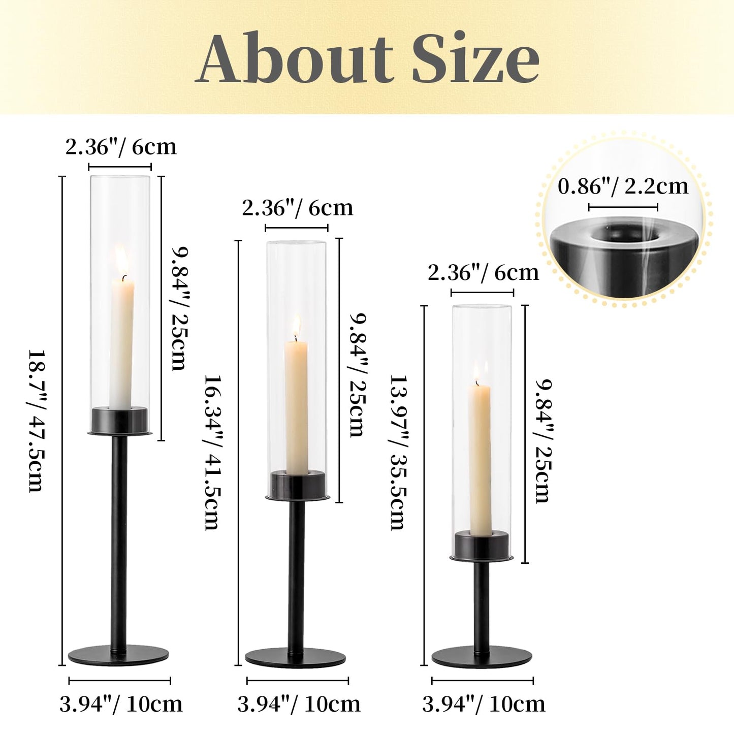 Hewory Black Candlestick Holders Hurricane Candle Holder, 12Pcs Candle Stick Candle Holder Candelabra, Taper Candle Holders with Glass Candle Cover for Wedding Table Centerpiece Christmas Decor
