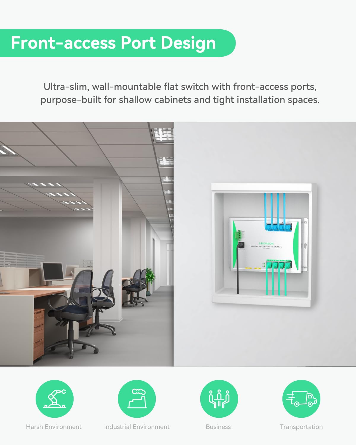 LINOVISION Industrial 8-Port Flat PoE Switch with 4 802.3at PoE+ Ports, Front-Access Design, Dual Power Input, 120W Budget for IP Cameras in Electrical cabinets, Control Boxes, or Outdoor enclosures