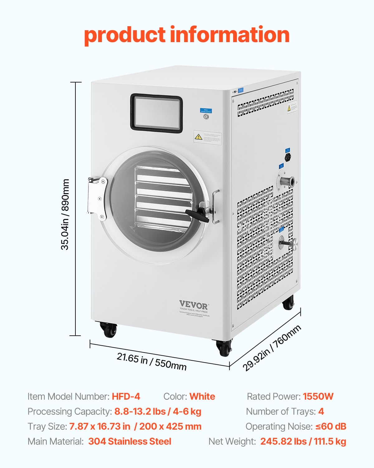 VEVOR Vacuum Freeze Dryer Machine, 8.8-13.2 LBS/Batch Food Freeze Drying Machine with 4-Layer Trays, Vacuum Pump, Adjustable Timer and Temperature Control, for Fruits Vegetables Meat, White