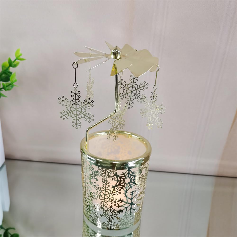 adkinzim Rotary Candle Holders Spinning Tealight Holders Carousel for Tabel Decoration for Children Friend (Golden Snowflakes)