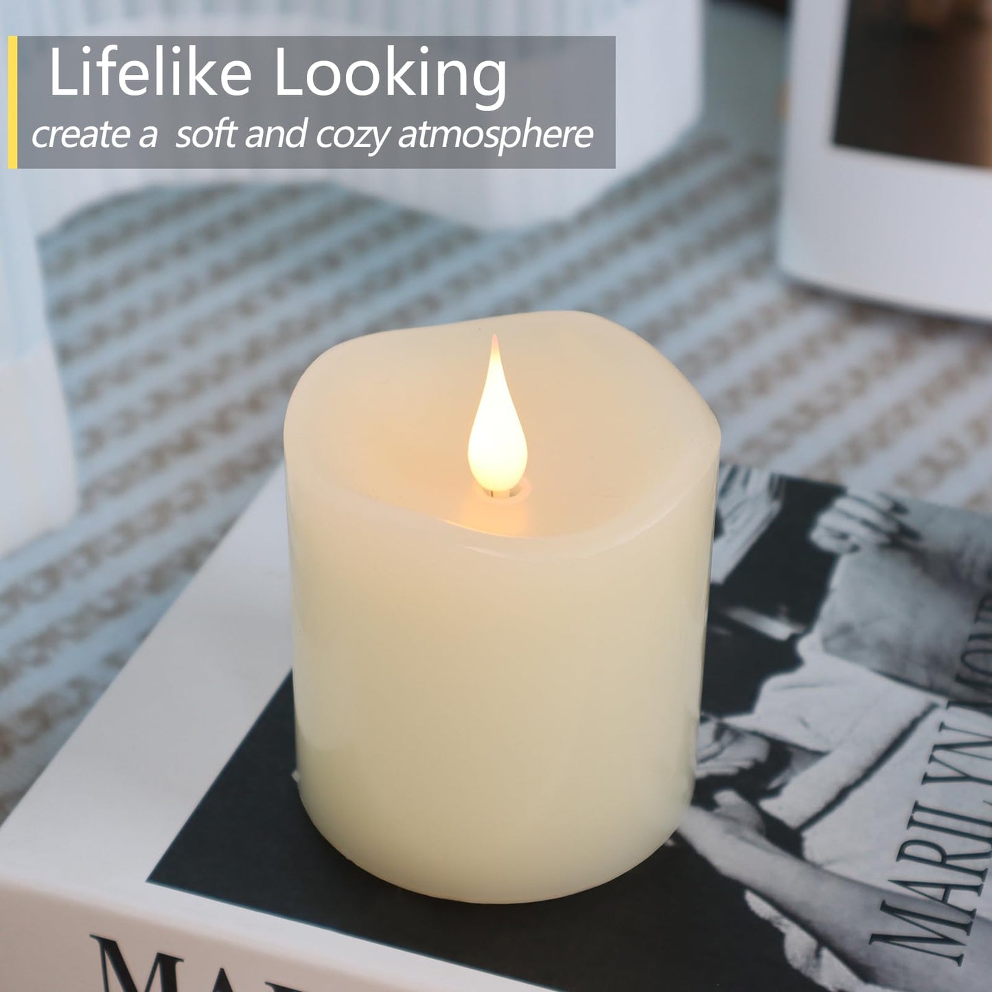TECHLONG Flameless Candles Battery Operated with Timer, 3D Moving Flame Flickering, Last 600+ Hours Battery Candles, 3" x 4" Ivory Real Wax Electric LED Candle for Wedding Party Decorations