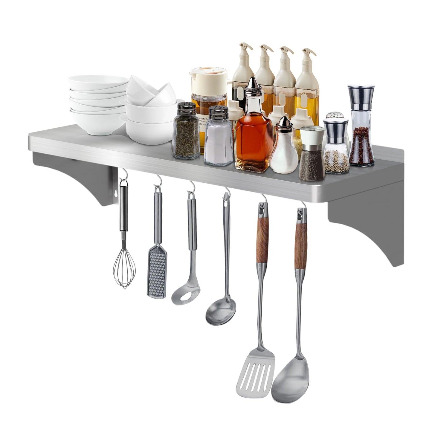 Commercial Stainless Steel Shelf 36" x 12" - 250lb Load Capacity, Heavy Duty Stainless Steel Wall Mounted Kitchen Shelf with Backsplash & 6 Hooks for Restaurant, Laundry