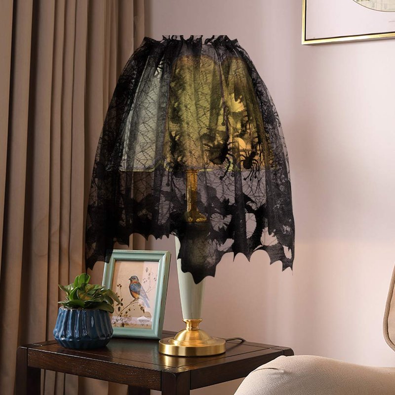 5pack Halloween Decorations Tablecloth Runner Black Lace Round Spider Cobweb Table Cover Fireplace Mantel Scarf Spiderweb Fireplace Scarf Spider Lampshade with 36pcs Scary 3D Bat for Halloween Party