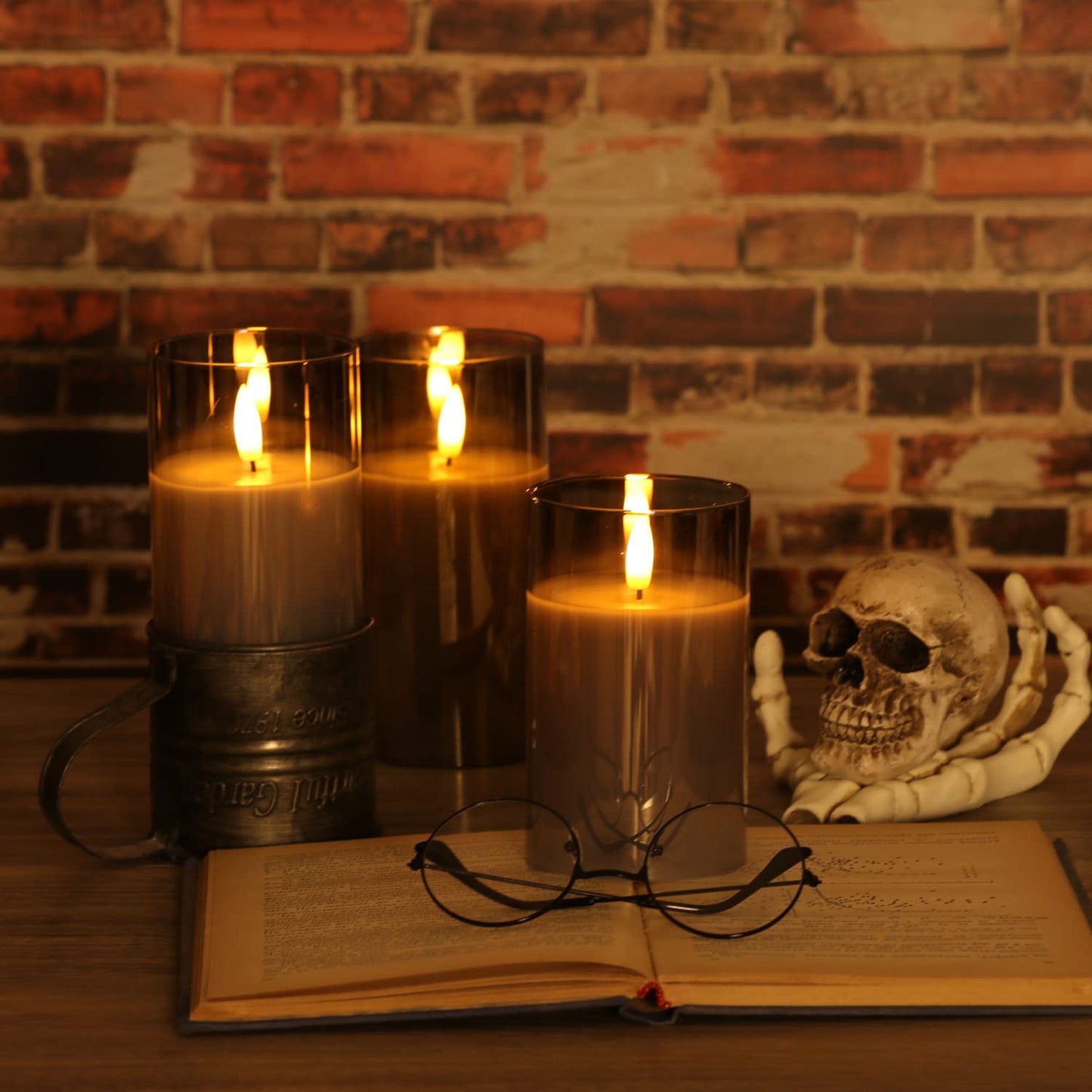 OWLZOO Set of 3 Gray Glass Flameless Candles Battery Operated with Timer and Remote, Flickering Glass LED Pillar Candles Battery Powered, Real Wax, D3 H4 5" 6"