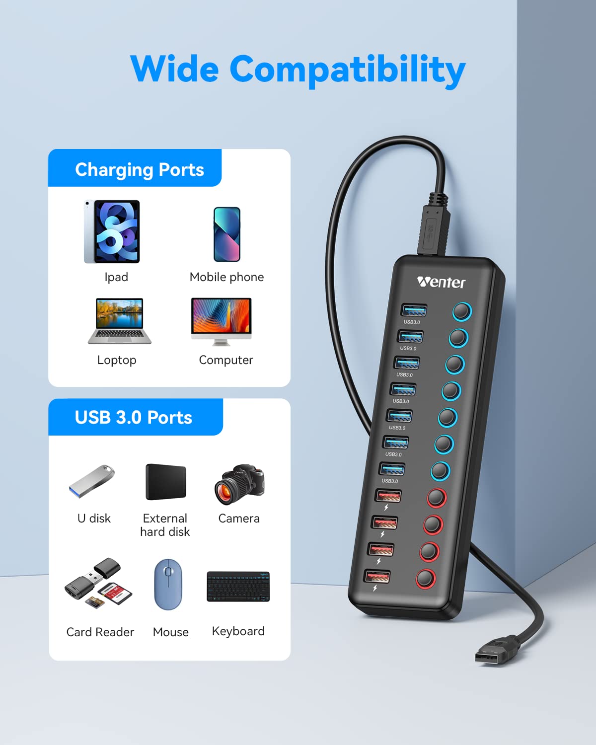 Powered USB 3.0 Hub, Wenter 11-Port Hub Splitter (7 Faster Data Transfer Ports+ 4 Smart Charging Ports) with Individual LED On/Off Switches, Power Adapter for Mac, PC
