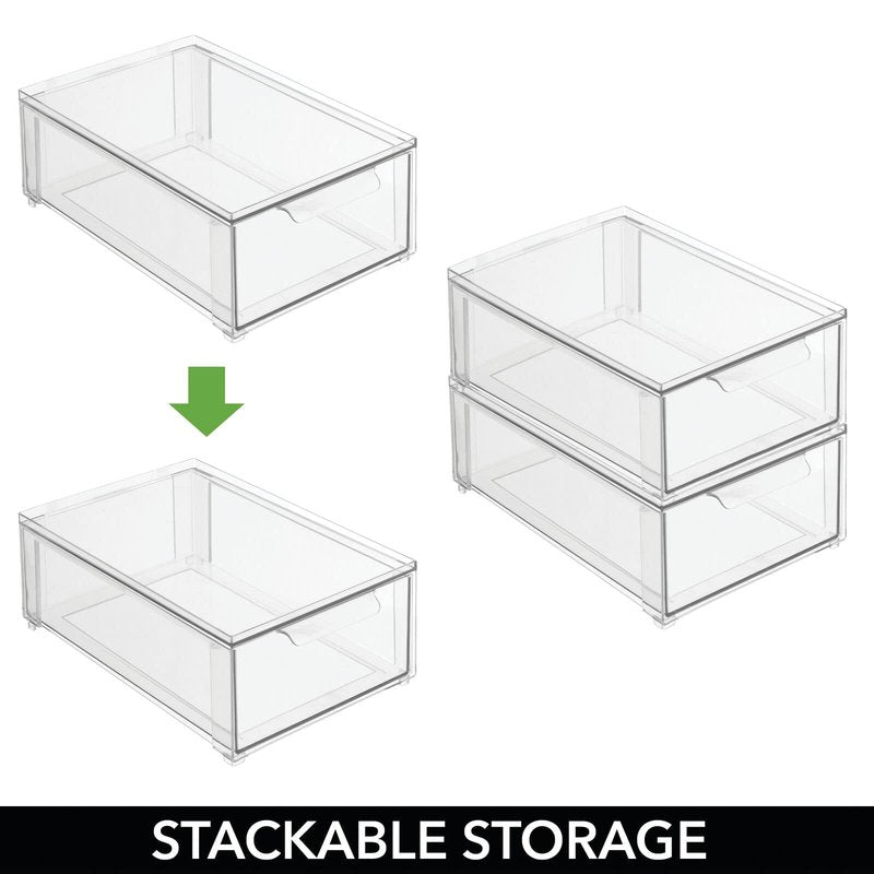 mDesign Plastic Stackable Closet Storage Organizer Bin Containers with Front Pull Drawer for Cabinet, Desk, Shelf, Cupboard, or Dresser Organization - Lumiere Collection - Set of 3 - Clear