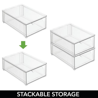 mDesign Plastic Stackable Closet Storage Organizer Bin Containers with Front Pull Drawer for Cabinet, Desk, Shelf, Cupboard, or Dresser Organization - Lumiere Collection - Set of 3 - Clear