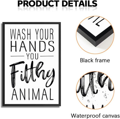 Skiennix Framed Black And White Bathroom Wall Art - Funny Wash Your Hands Poster | Modern Minimalist Decor