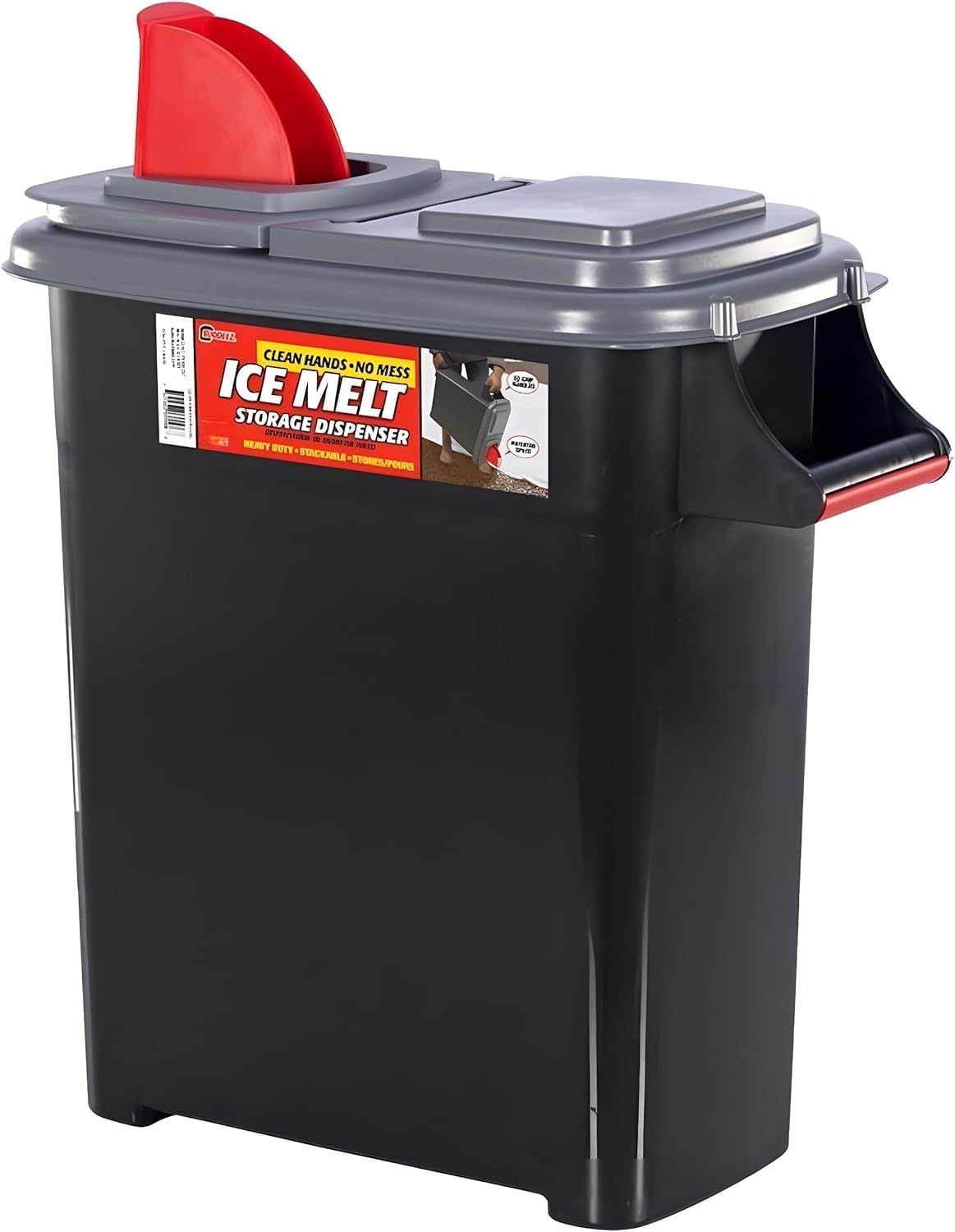 Buddeez Ice Melt Dispenser with Dual Action Lid - Durable Storage Container with Built in Scoop and Pour Spout