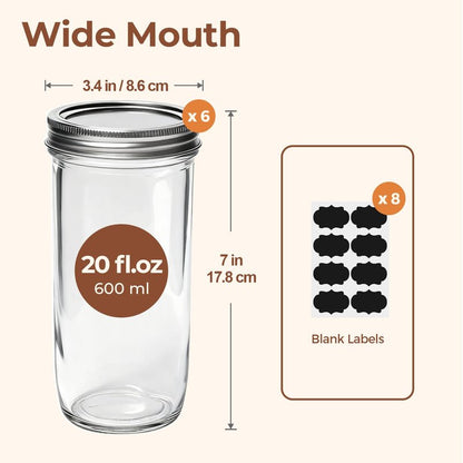 ComSaf 20 oz Mason Jars Wide Mouth 6 Pcs, Large Canning Jars with Seal Bands, 20 oz Glass jar with Lid for Jam, Sauce, Juice, Coffee, Pickling, Fruit, Dessert, Kitchen Storage, Vanilla Extract