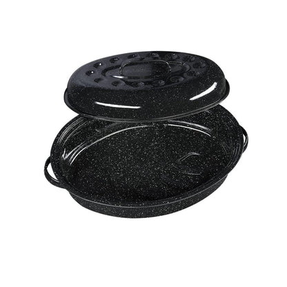 Granite Ware 15-Inch Covered Oval Roaster, 10 Lb Capacity - Enamel Steel Cookware, Dishwasher Safe & PFOA-Free, Even Heat Distribution for Roasting Poultry, Meat, or Vegetables (Speckled Black)