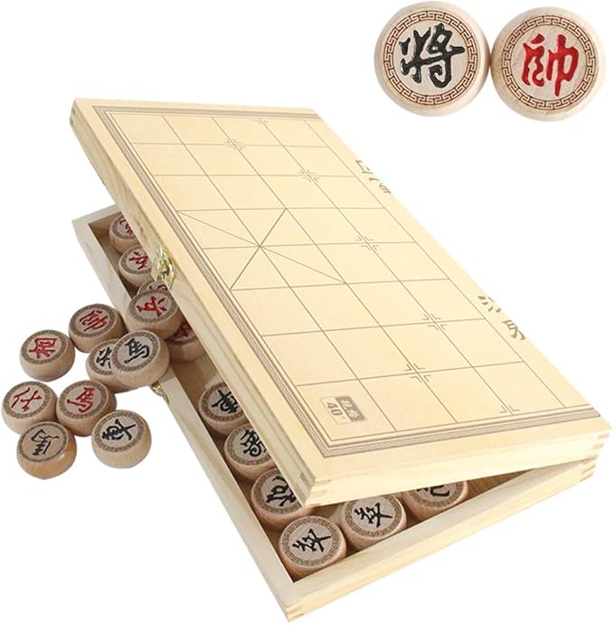14 Inch Wooden Foldable Chinese Chess Xiangqi Travel Game Set with Wooden Chess Pieces Traditional Tabletop Strategy and Skill Game for Teens Adults