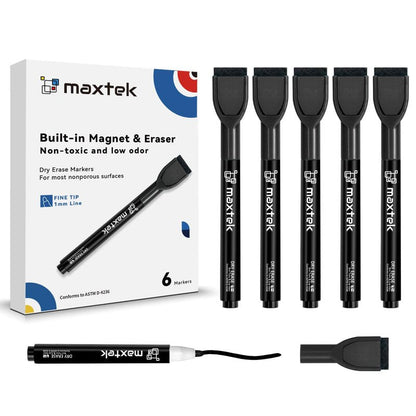 maxtek Magnetic Black Dry Erase Markers, 6 Count Fine Tip Whiteboard Markers with Eraser, Thin Markers Low Odor for Classroom, Office, Home