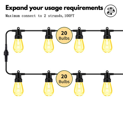 YAIYAN 50ft Outdoor String Lights Color Changing - Dimmable RGBW Smart Patio Lights with 20 Bulbs, Waterproof Shatterproof, Music Mode, Connectable, Remote & App Control for Halloween, Christmas