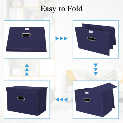 STOREONE Fabric Storage Cube Bins Foldable Organizer Container Collapsible Basket with Lids and Metal Handles, for Home, Bedroom, Closet 8 Pcs (Navy Blue)