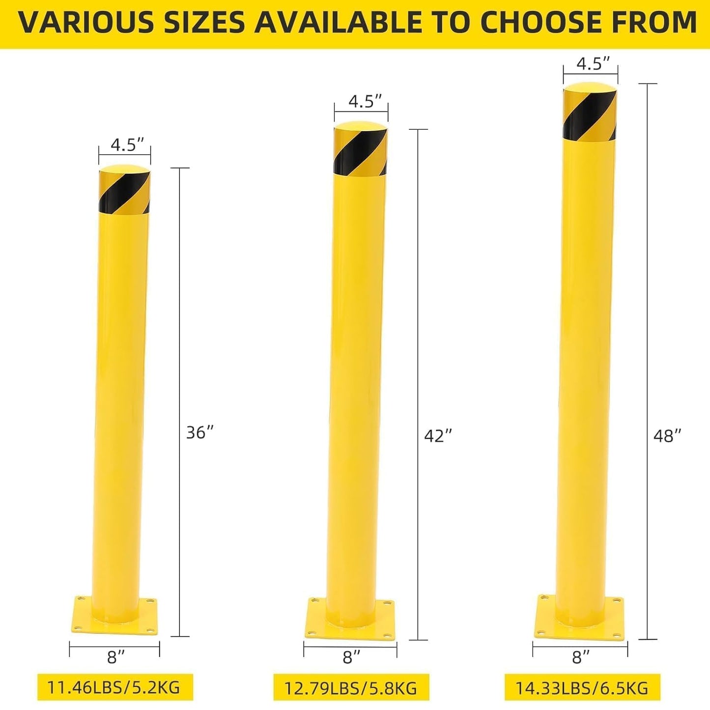 4-Pack 42 Inch Steel Safety Bollards, 4.5 Inch Diameter Parking Bollard Post with 16 Anchor Bolts, Yellow Safety Steel Bollard Post for Driveway Barrier, Traffic Control & Storefront Protection