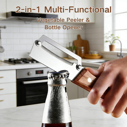 Premium Vegetable Peeler with Wooden Handle and Bottle Opener,Multi-Functional Vegetable Peeler for Kitchen, 2-In-1 Stainless Steel Kitchen Tool, for Fruit Veggie, Includes Bottle Opener (2PCS)