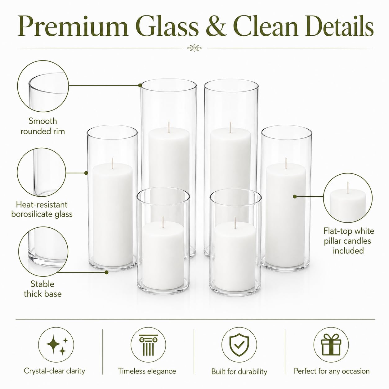 Set of 6 White Pillar Candles with Clear Glass Hurricane Holders- Elegant Cylinder Candle Vases for Weddings, Parties, Centerpieces, Home & Office Decor (White, 6 Set)