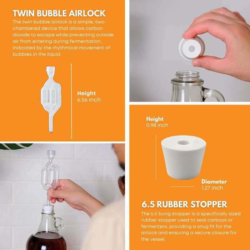 FastRack 1 Gallon Glass Jug with Black Polyseal Caps, 6.5G Rubber Bungs & Twin Bubble Airlocks – Fermentation Jars for Home Brewing, Clear Glass Fermenter Containers for Liquid Fermentation