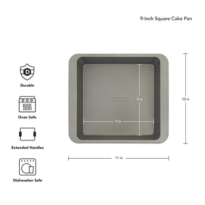 KitchenAid Nonstick Swiss Engineered Aluminized Steel Square Cake Pan, Dishwasher Safe, Contour Silver, 9 Inch