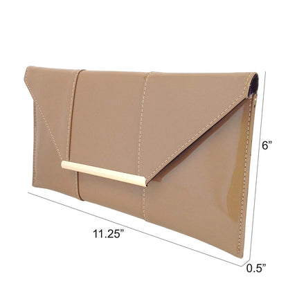 JNB Faux Patent Leather Envelope Clutch Purse for Women, Candy Evening Bag with Detachable Gold Chain Strap, Snap Closure, Zipper Pocket, Slim Formal Handbag, Taupe