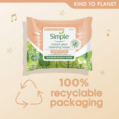 Simple Facial Wipes Protect N Glow Cleansing Bio 20 EA (Pack of 3)