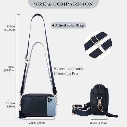 Roulens Triple Zip Small Crossbody Bag for women,Wide Strap Cell Phone Purse Shoulder Handbag Wallet with Credit Card Slots