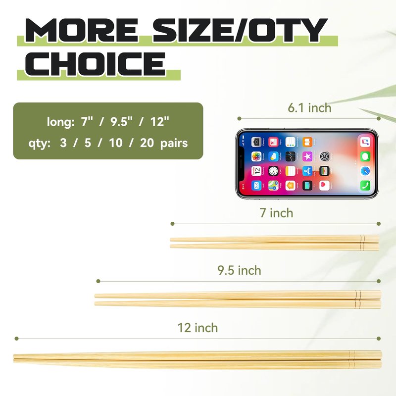 12 Inch X 3 Pairs Chopsticks,Reusable,Extra Long Simplea and Minimalistic Design,More Size Choices 7"/9.5"/12"