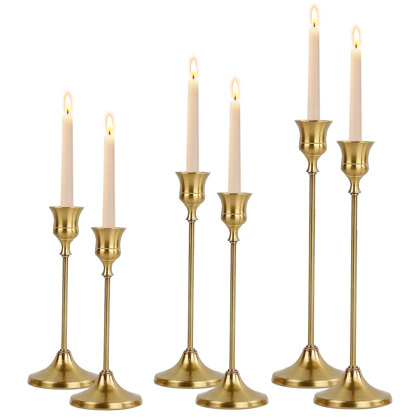 Oakernel French Gold Taper Candle Holders 2 Sets(6 Pcs) - Tall Metal Candlestick Holders for Table Centerpiece, Formal Dinner, Wedding, Fireplace Mantel Decor, Fits 3/4 Inch Thick Candles