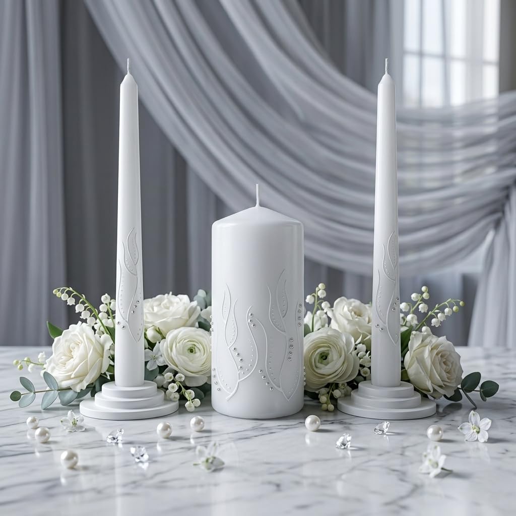 Magik Life Unity Candle Set - Wedding Ceremony & Reception – 6” Pillar & Two 10” Taper Candles – Long Burning Unity Candles for Marriage Ritual – Handmade in USA – White | Paint