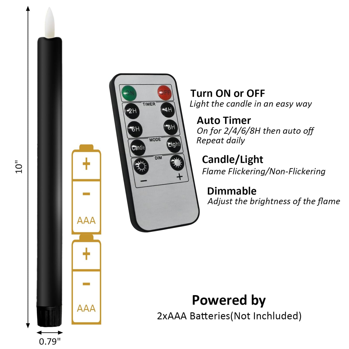 Sunjas 6PCS Flameless Taper Candles with 3D Flickering Flame Battery Operated Candles with 2 Remote with Button Cell Battery 10 Inch Black LED Candlesticks Window Candle for Christmas Home Decor