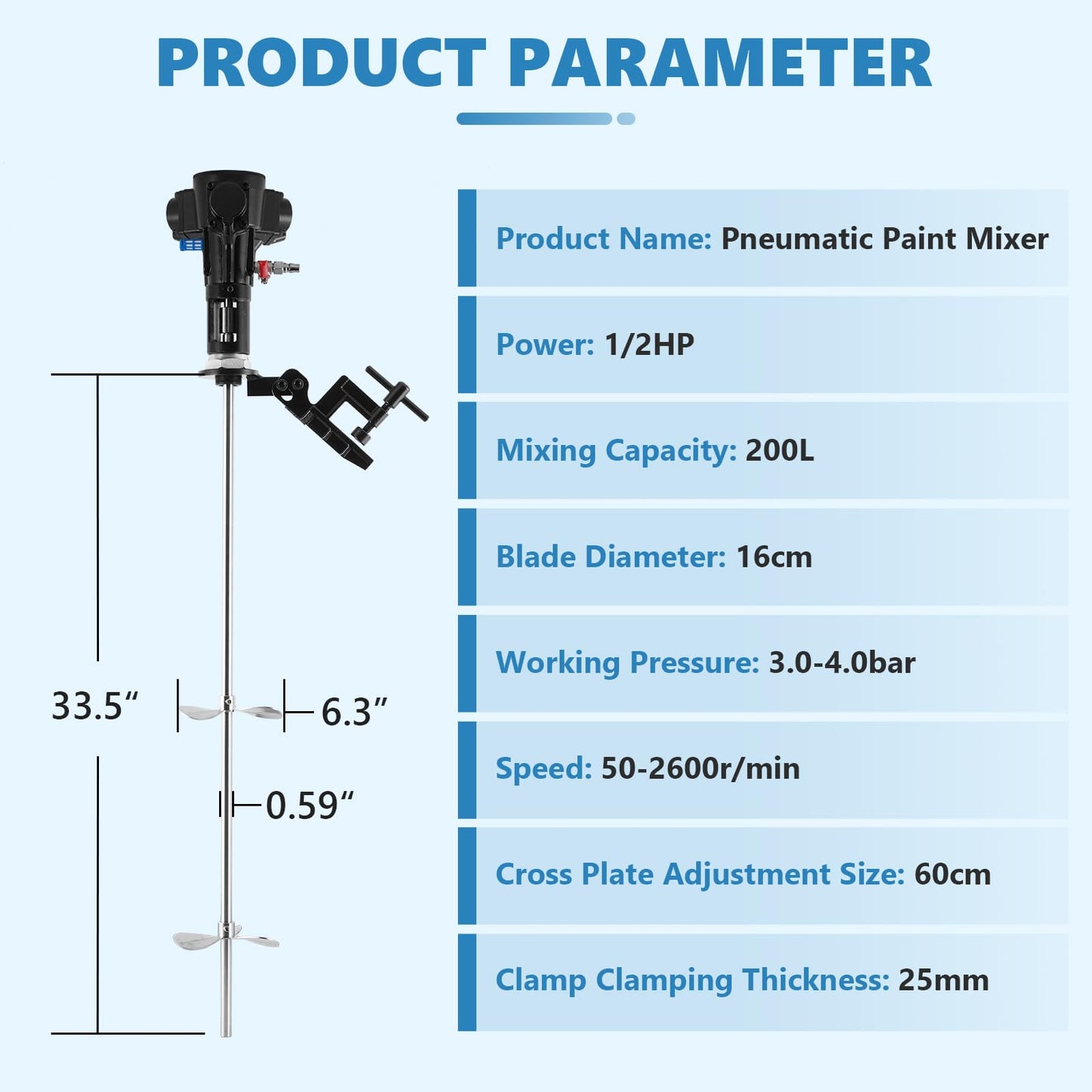 MXBAOHENG 50 Gallon Pneumatic Paint Mixer Tank Barrel Air Mixer Stainless Steel Clip Paint Air Agitator 200L Tank with a Vertical Clamp