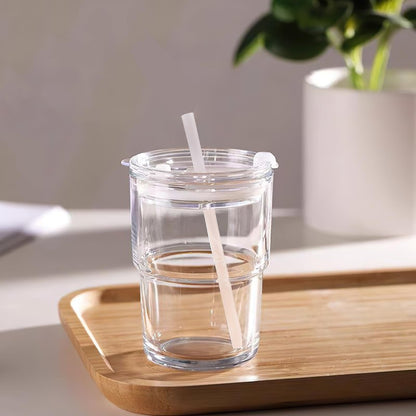 Luxfuel 13 oz Tumbler Water Glass Cups with Straw & Lid, Reusable Iced Coffee, Tea Cups, Leak-Proof Thick Wall Travel Glass Tumbler for Home, Office, Car Cup Holder Friendly, BPA Free (Amber, 2 Pack)