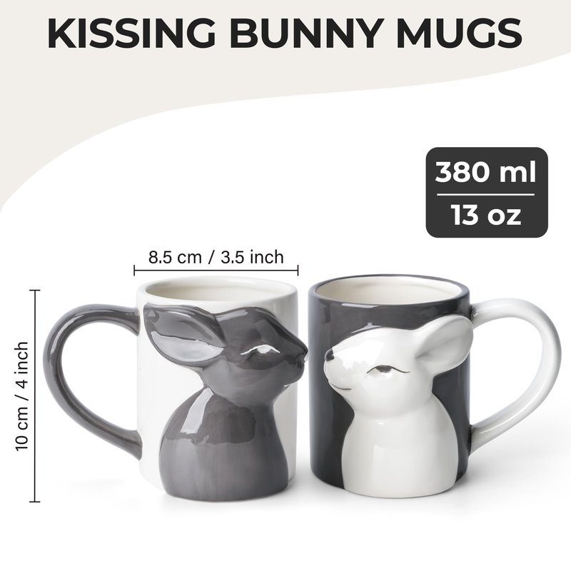 MIAMIO - Kissing Rabbit Mug Set of 2/13.5 oz Coffee Mug for Couples/Ceramic Coffee Cup Set/Gifts for Women/Men for Birthday, Easter or Christmas - Microwave- and Dishwasher Safe
