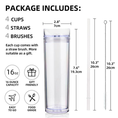 Volhoply 16oz Plastic Skinny Tumbler with Lid and Straw Bulk 4 Pack,Insulated Double Wall BPA Free Matte Acrylic Tumblers,Iced Coffee Travel Mug Reusable Party Cup,Customizable Diy Gifts(Clear,4 Set)