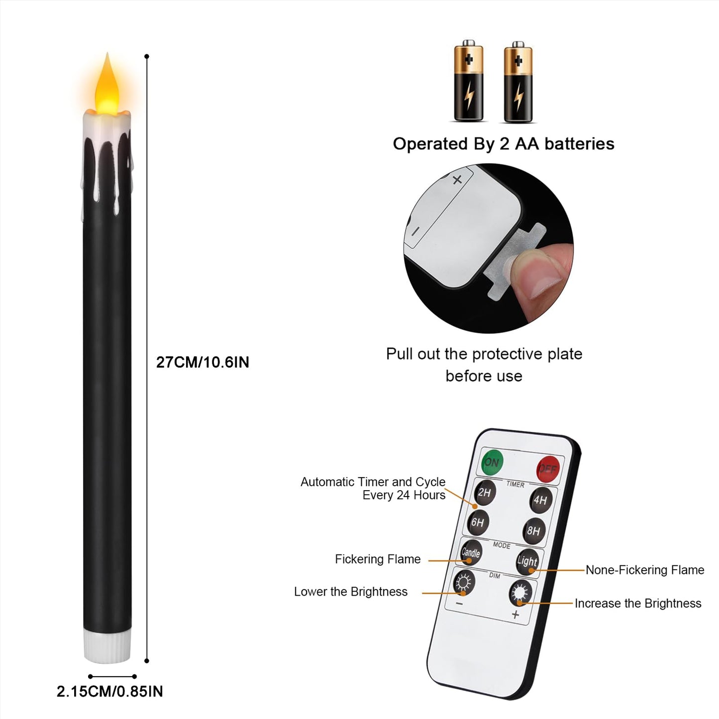 wemarry Flameless Taper Candles 10.6" Dripless Battery Operated Taper Candles Included Remote Timer 400+ Hours by 2AA Batteries for Halloween Christmas Wedding (Black+White, 24 Pack)