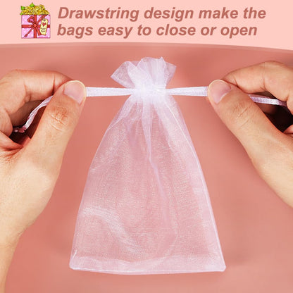 HRX Package 100pcs White Organza Bags, 4x6 inch Mesh Bags Drawstring Gift Bags Jewelry Pouches for Candy Wedding Favors Christmas