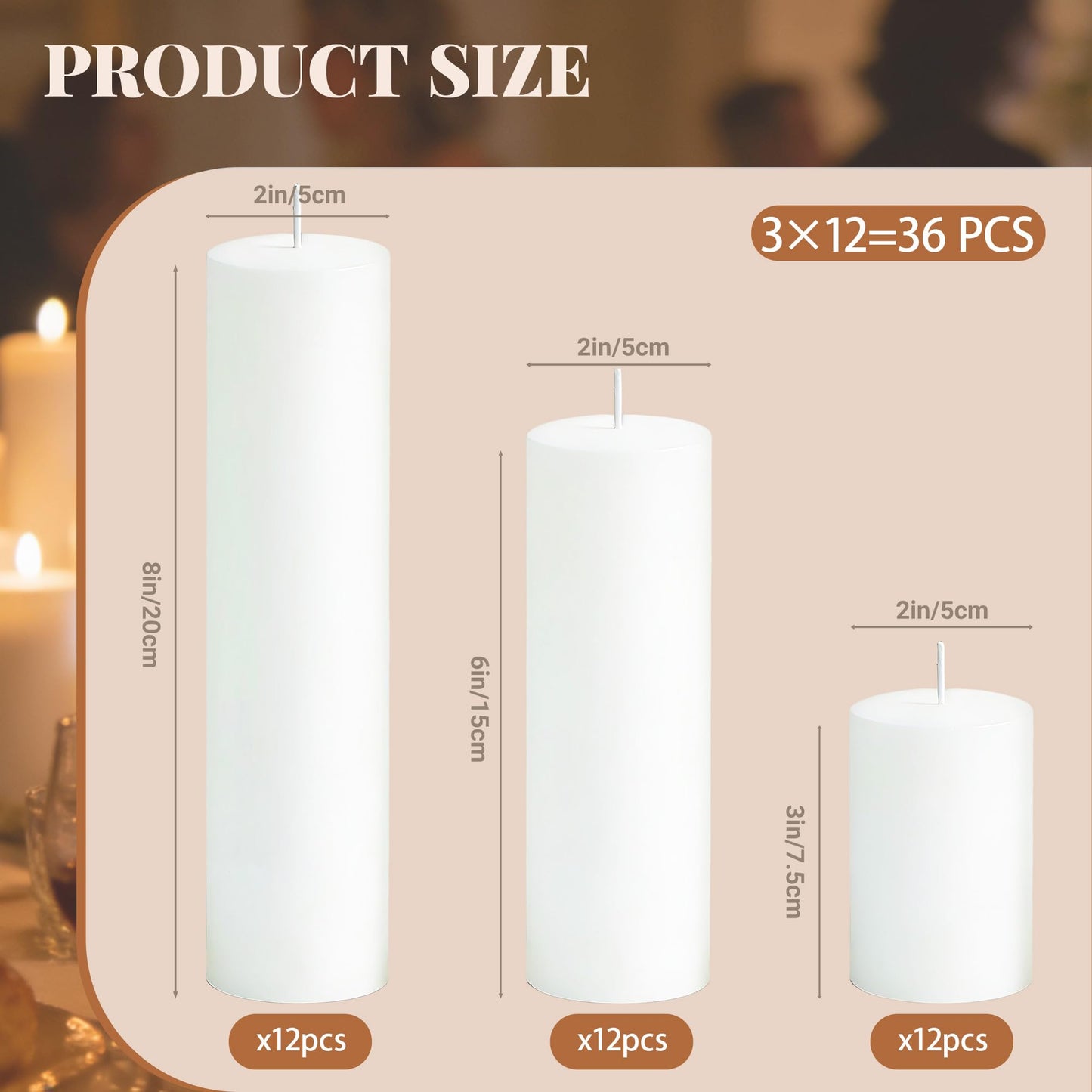 SDBALLBZ 36 Pcs White Pillar Candles Bulk Set, 2x3” 2x6” 2x8” Paraffin Hurricane Candles, Unscented Dripless Smokeless, Long Burning for Party Wedding Events Home Decor